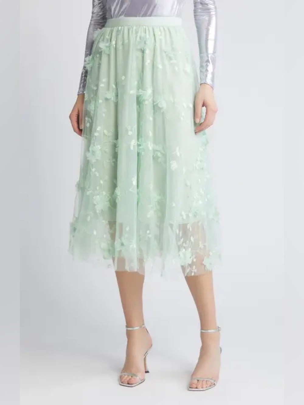 Nikki Lund Audra Floral Appliqué Chiffon Maxi Skirt Green Medium